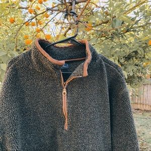 Cozy Quarter Zip Pullover Fuzzy Green with Leather